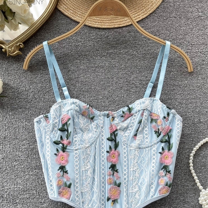 Camisoles Tanks SINGREINY Floral Embroidery Lace Sexy Camisole Fashion Women Backless Blue French Y2K Female Summer Beach Style Crop Tops 230426