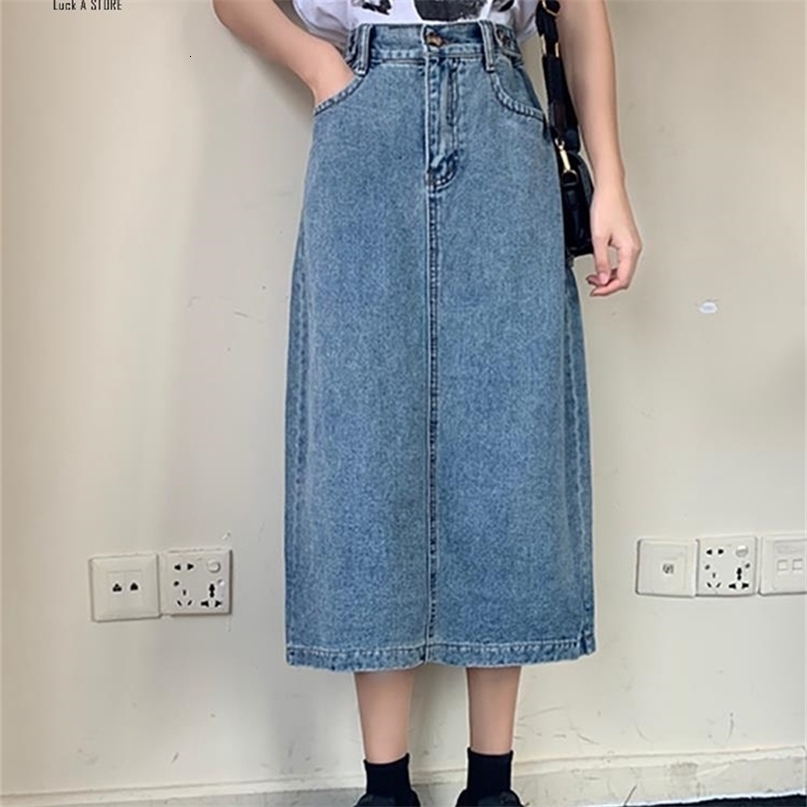 Luck A Fashion Retro Long Summer Spring Denim Skirts Girls High Waist Button Pockets Split Jeans Straight Maxi Denim Skirts 220701