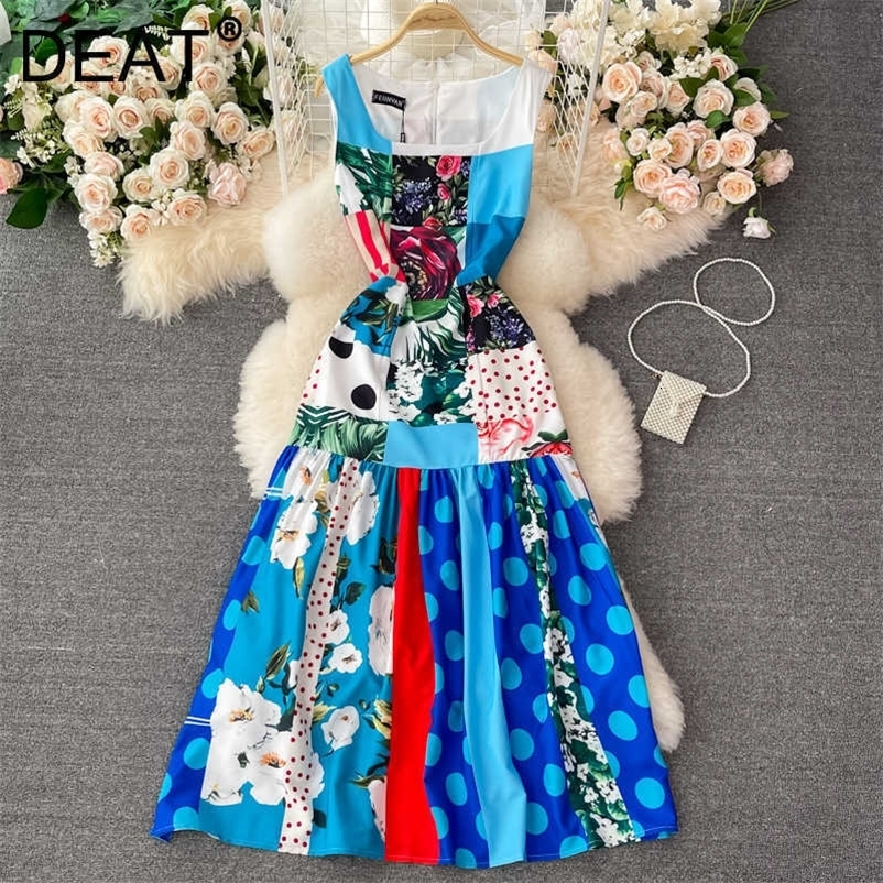 DEAT Women Printing Dress Round Neck Sleeveless Arrivals Lady Temperament Fashion Spring Summer 11D1406 210709