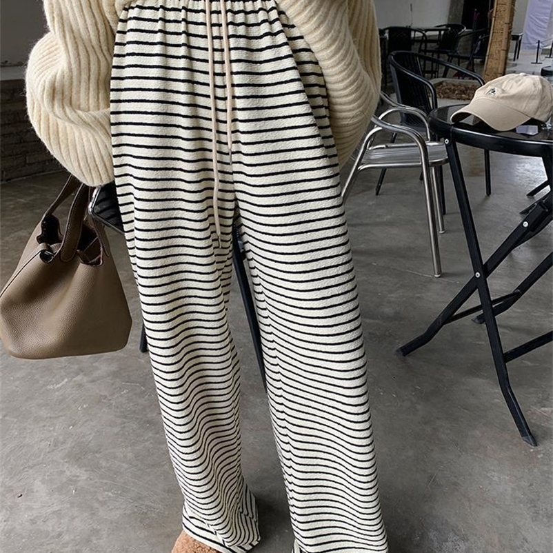 Women's Pants Capris 90% cotton Early spring texture striped straight-leg women's loose drape and slim all-match high waist wide-leg mopping