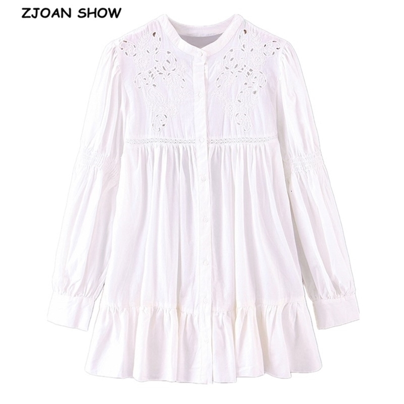 Women White Long Leg sleeve Hollow Out Hole Flower Embroidered Shirt Casual O neck Buttons Draped Ruched Loose Blouse Tops 210429