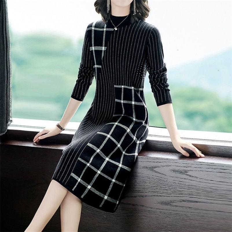 Casual Dresses Knitted Sweater Dress Female Autumn Winter Dress Long Sleeve Half Turtleneck Sweater Women Dress Office Lady Casual Mid Dress 230316
