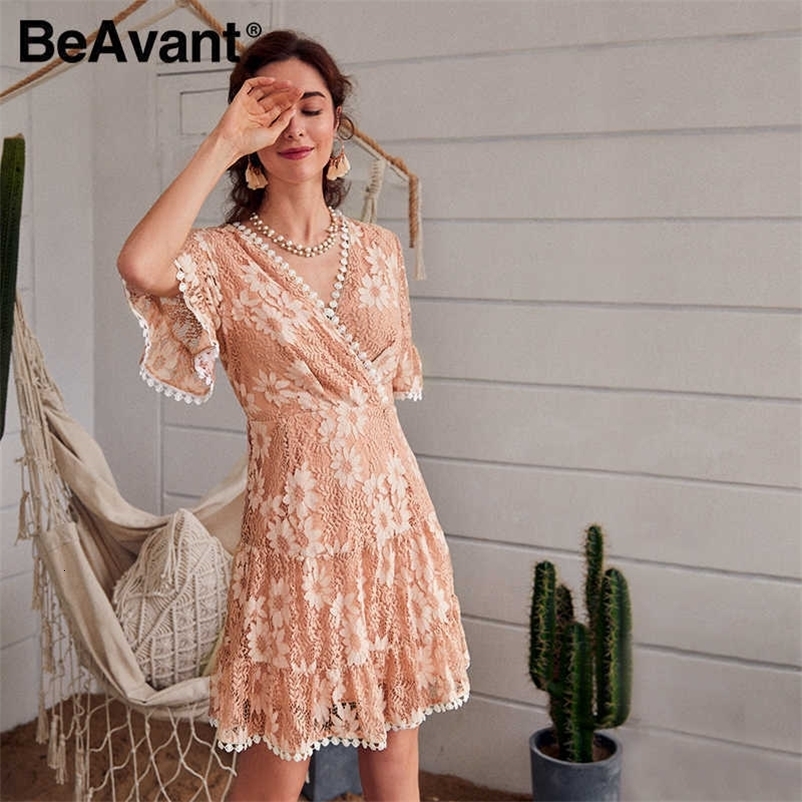BeAvant Women v neck print dress autumn winter ruffled sleeve solid pink midi dress Holiday ladies chic party dress vestidos 20 210709