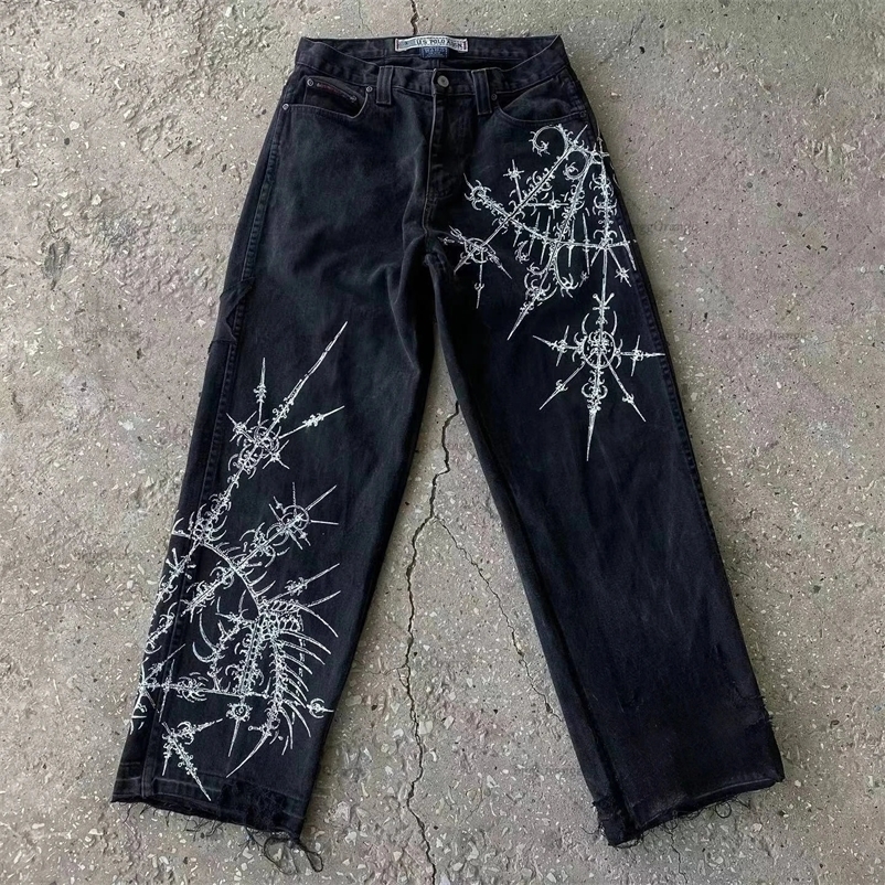 Gothic Baggy Jeans Y2K Style High Quality Retro Leisure Hip Hop Harajuku Streetwear Men Women Pattern High Waisted Trousers 240704