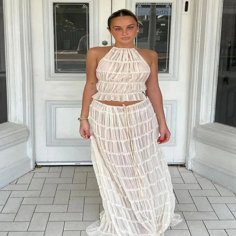 Elegant Skirt Women Sexy Backless Hang Neck Long Skirts Female Summer Fold Solid Fashion Chic Sand Sling Set 2 Pieces Lady 240415