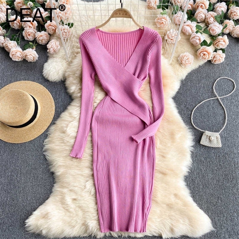 DEAT Women Cross V-neck Knitting Dress Long Sleeve Arrivals Lady Sexy Fashion Temperament Spring Autumn 11D2023 210709