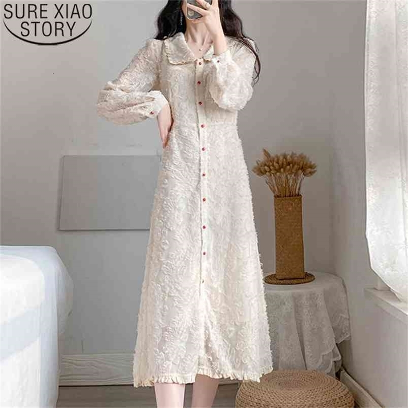 Spring French Vintage Sweet Dress Women Doll Collar Single Breasted Button high waist vestido feminino 12914 210506