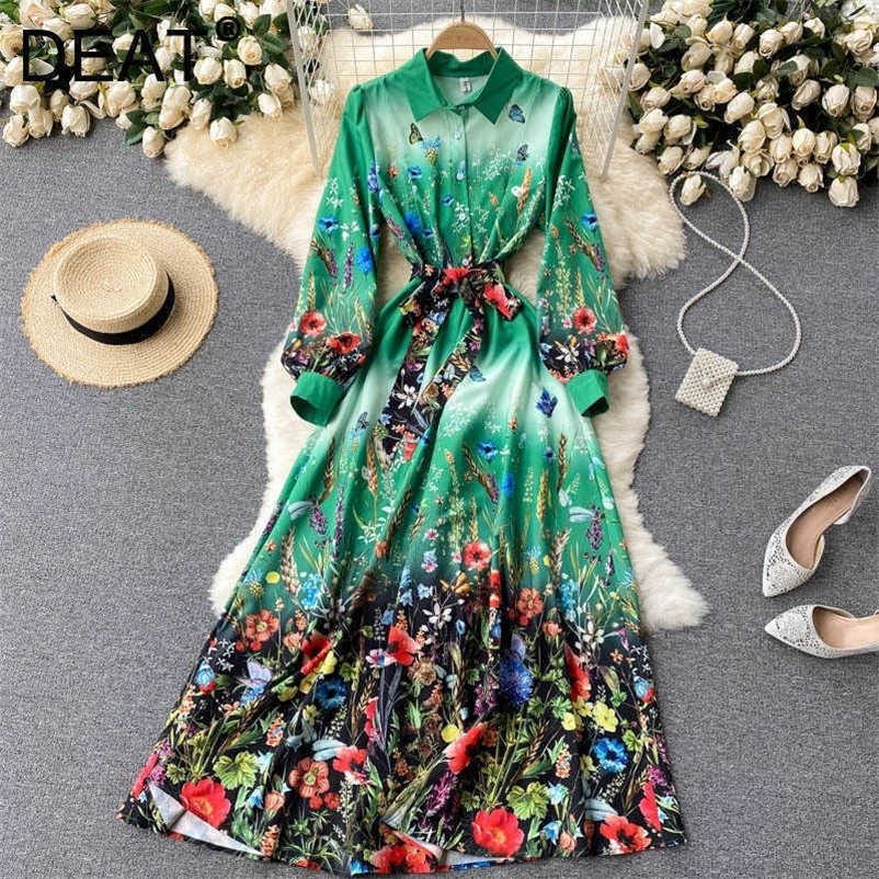 DEAT Women Printing Dress Turn-down Collar Long Sleeve Arrivals Lady Temperament Fashion Spring Autumn 11D2014 210709