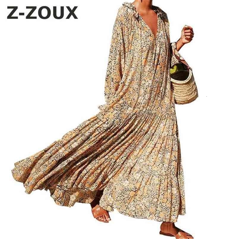 Women Dress V-neck Long Sleeve Print Vintage Dresses Plus Size Flowers Sexy Maxi Fashion 210513