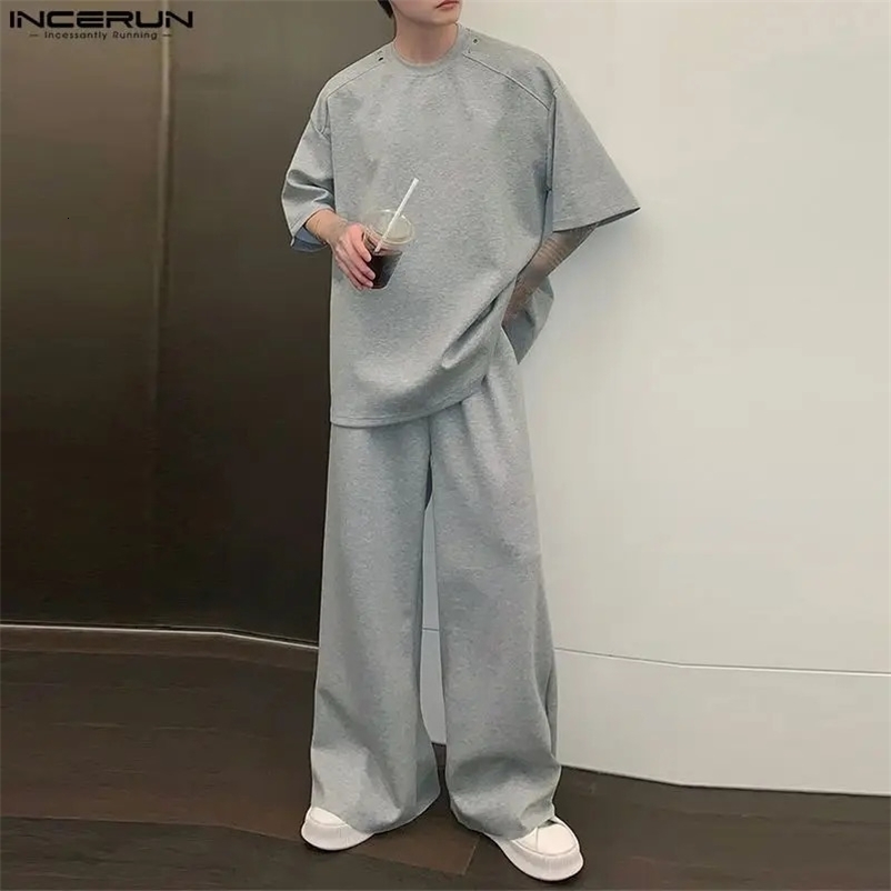 INCERUN Korean Style Mens Sets Small Neckline Loose Short Sleeved Tops Straight Pants Casual Solid Suit 2 Pieces S-5XL 240530