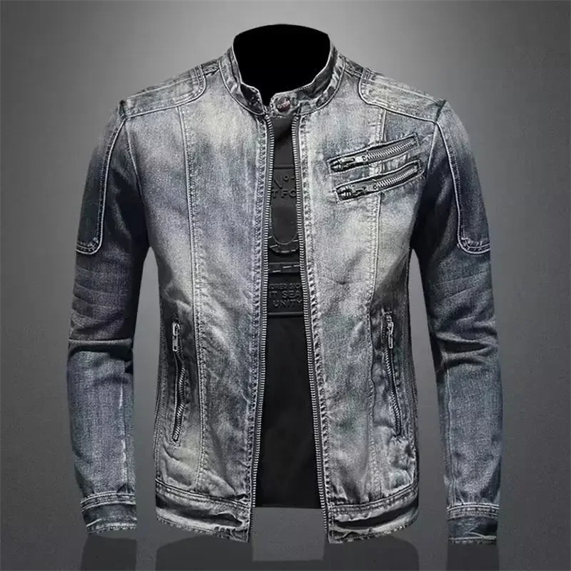 Trendy Stand Collar Zip-Uplapel Motorcycle Denim Jacket Unique Vintage Sports Top For Men Casual Trendy Jacket 250519