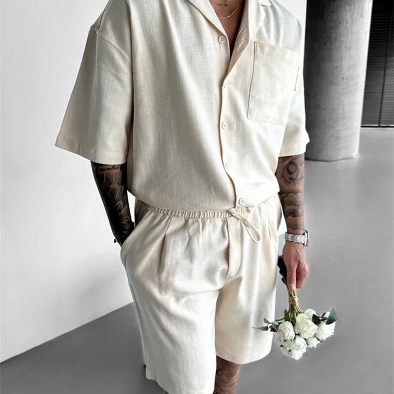 Hip Hop Mens Two Piece Sets Summer Casual Pure Color Short Sleeve Pocket Shirts And Shorts Men Outfits Fashion Loose Suits Male 240530