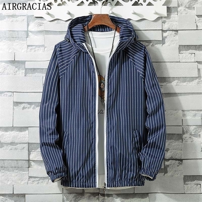 AIRGRACIAS Autumn New Mens Bomber Hooded Jacket Male Casual Streetwear Striped Jacket Men Coat Clothing Size S4XL T200603