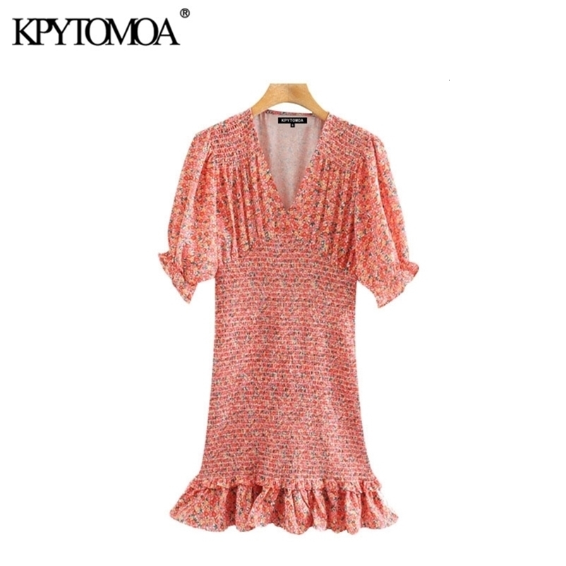 Women Chic Fashion Floral Print Elastic Smocked Mini Sheath Dress V Neck Ruffled Female Dresses Vestidos 210420