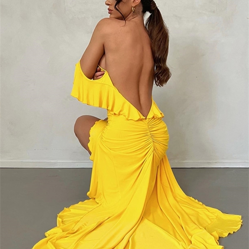 Urban Sexy Dresses Summer Women's Dresses Sexy Backless Bodycon Mermaid Dresses with Ruffle Trim Yellow Elegant Evening Party Dresses 230707