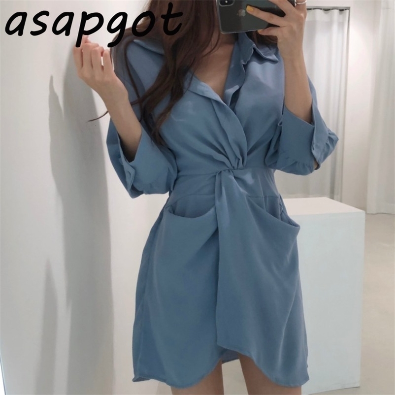 Spring Casual Retro Slim Waist Big Pocket Long Sleeve Lapel Irregular Shirt Dress Women Mini Solid Fashion Clothes Vestidos 210429