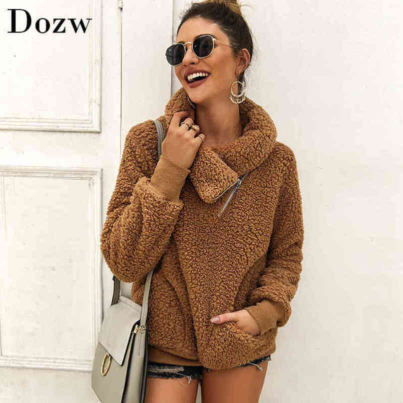 Fleece Hoodies For Women Solid Casual Autumn Turn Down Collar Sweatshirts Winter Loose Zipper Pocket Teddy Warm Pullover Tops 210414