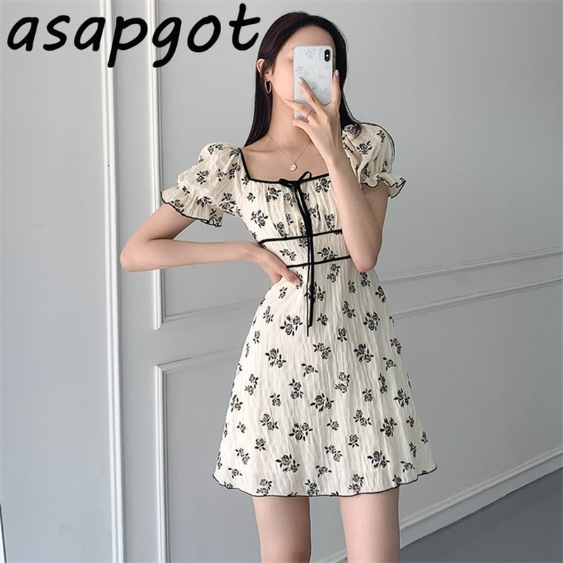 Korea Chic Elegant Retro Slim Square Neck Lace Up Flare Sleeve Floral Dress Women Mini Short Fairy Summer Fashion Vestido 210429