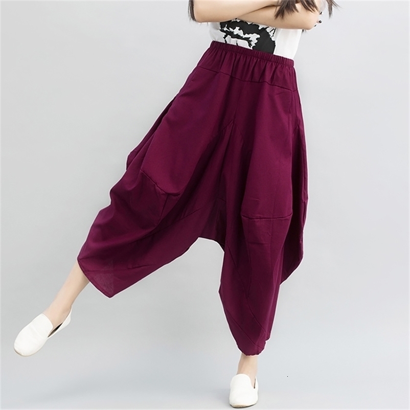 Women's Capris Wide Leg Harem Trousers Chinese Style Streetwear Women Ethnic Vintage Elastic Waist Loose Long Cotton Linen Pants 220916 Z260314