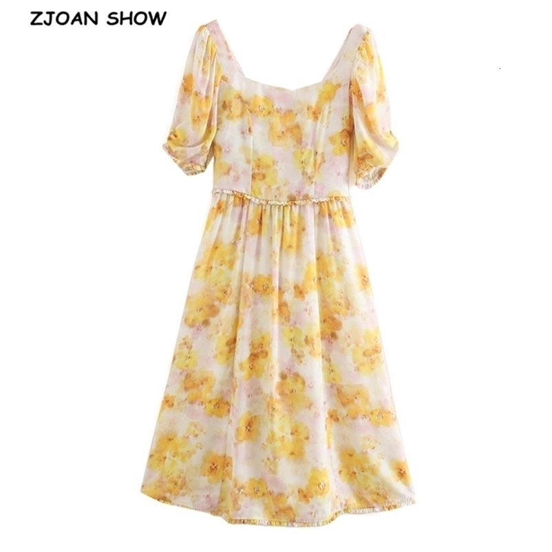 Holiday Style Square Collar Floral Print Ruffled Midi Dress Bohemian Puff Sleeve Elastic Back Woman Dresses Female Clothes 210429