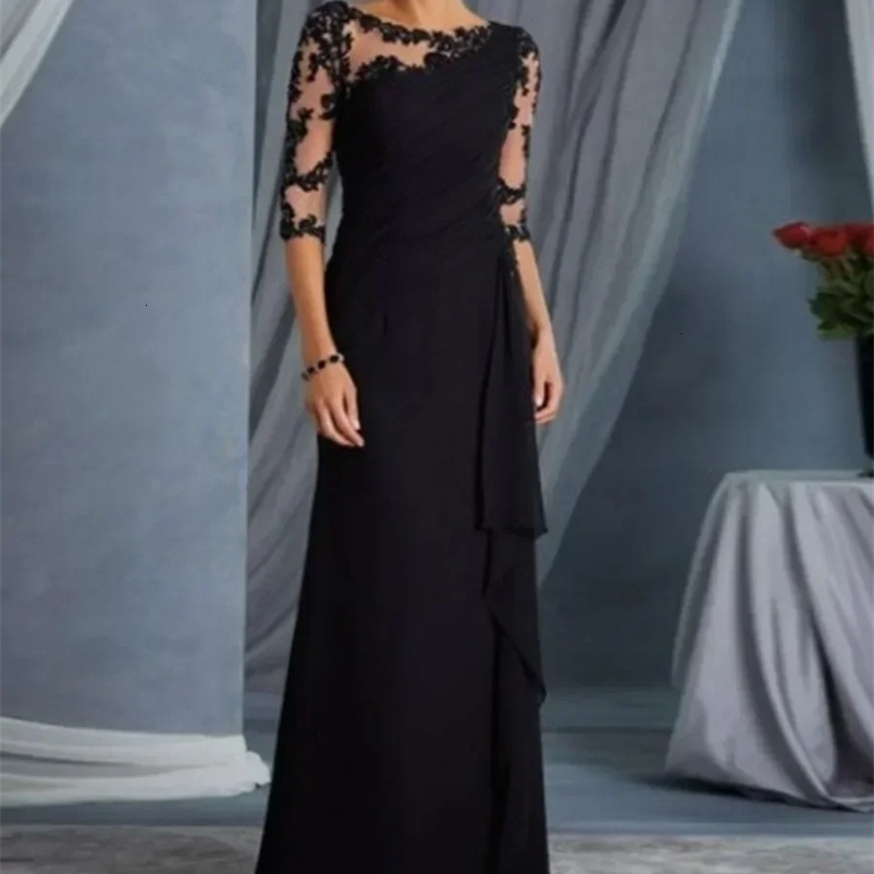 Womens Elegant Lace Long Dress Solid Half Sleeve Perspective Round Neck Mid Sleeve Party Wedding Club Dress Womens Robe 250103