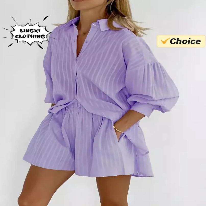 Summer Fashion Matching Collection Womens Solid Color Jacquard Shirt Shorts Two Piece Elegant Casual Sports Set 240423