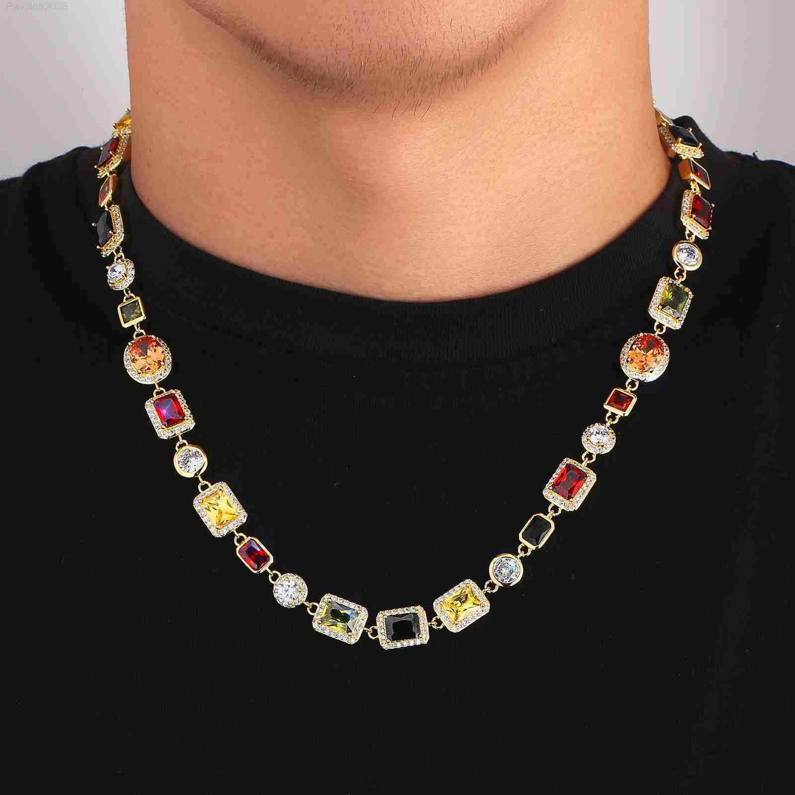 American trends Gorgeous Mixed Gemstone Tennis Chain 5A CZ Gem 18K Gold Plated Vintage Multi Colored Jewelry Necklace for Women Men