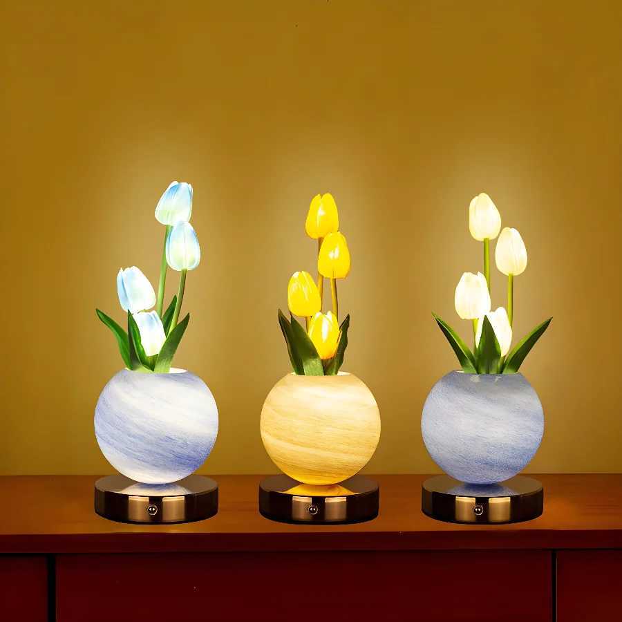 Tulip LED Night Light USB Rechargeable Desk Decor Lamp Simulation Bouquet Table Lamp Bedroom Bedside Atmosphere Light Ornaments C251115