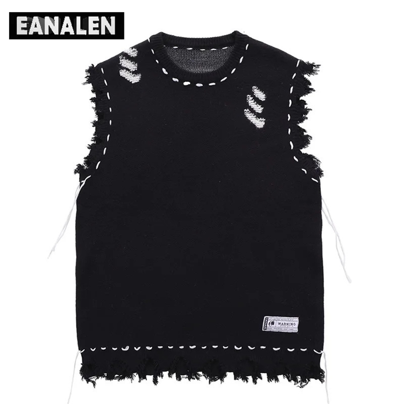 Harajuku tattered fringed sweater vest womens y2k Vintage korean oversized knitted ugly sleeveless sweater mens aesthetic 240704