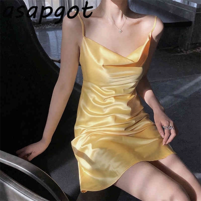 Dresses Satin Summer Sexy Gold Yellow Spaghetti Strap Silk Dress Women Sleeveless Mini Slim Temperament Vestido Feminino 210429
