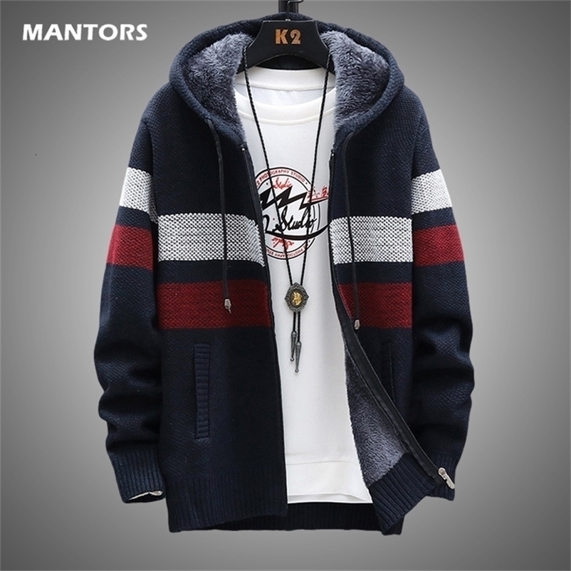 Men's Sweaters Winter Fleece Warm Sweater Men Hooded Cardigan Mens Striped Patchwork Slim Sweaters Coat Knitted Men's Christmas Jumper Cloth