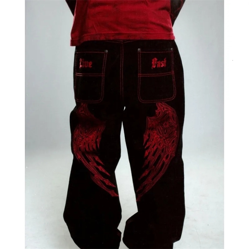 Gothic red embroidered high-quality mens graphic jeans hip-hop streetwear fashionable Y2K casual bag sports pants 241127