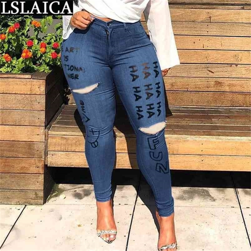Full Length Jeans Fashion Printed Graffiti Letters Denim Pants Placket with Zipper Casual Hole Skinny Pantalones De Mujer 210515