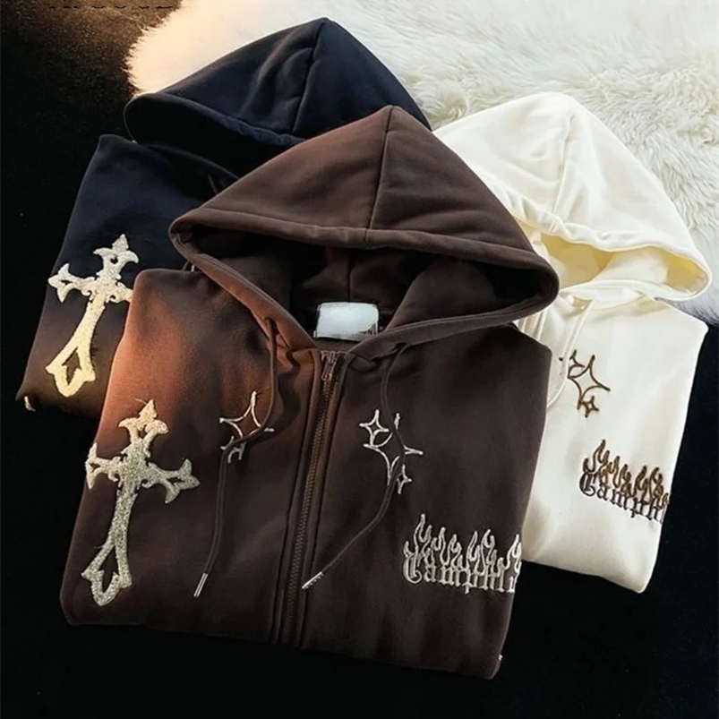 Y2K Womens Zipper Fashion Hoodie Autumn and Winter Embroidered Oversized Sweater Jacket Casual Holiday Loose Womens Sportswear 241025
