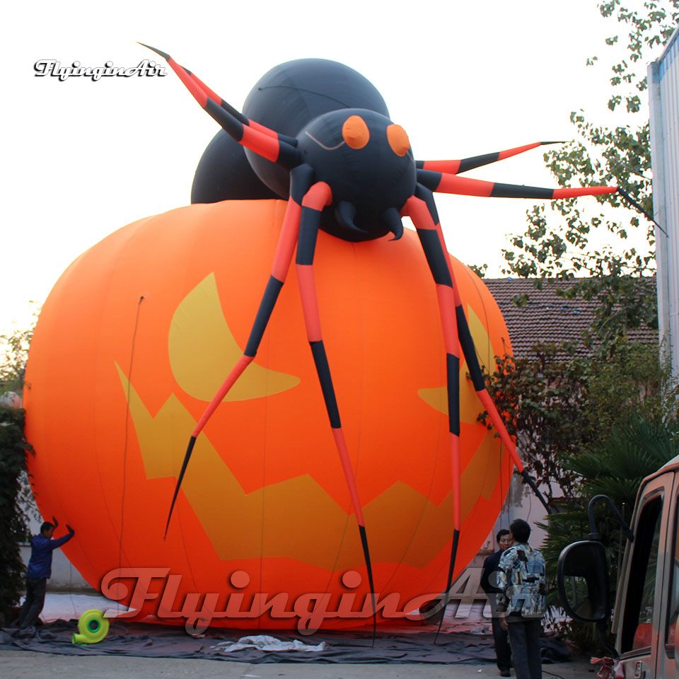 10m Horrible Giant Halloween Inflatable Pumpkin Head With Spider For Night Club And Bar Decoration