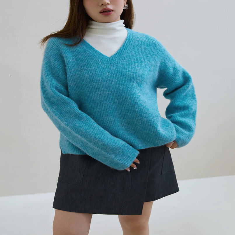 DUSHU 30.7% Wool 35% Alpaca Women Blue Pullover Sweaters V-Neck Grey Casual Winter Warm Sweater Loose Simple Tops 23DS84278 241217