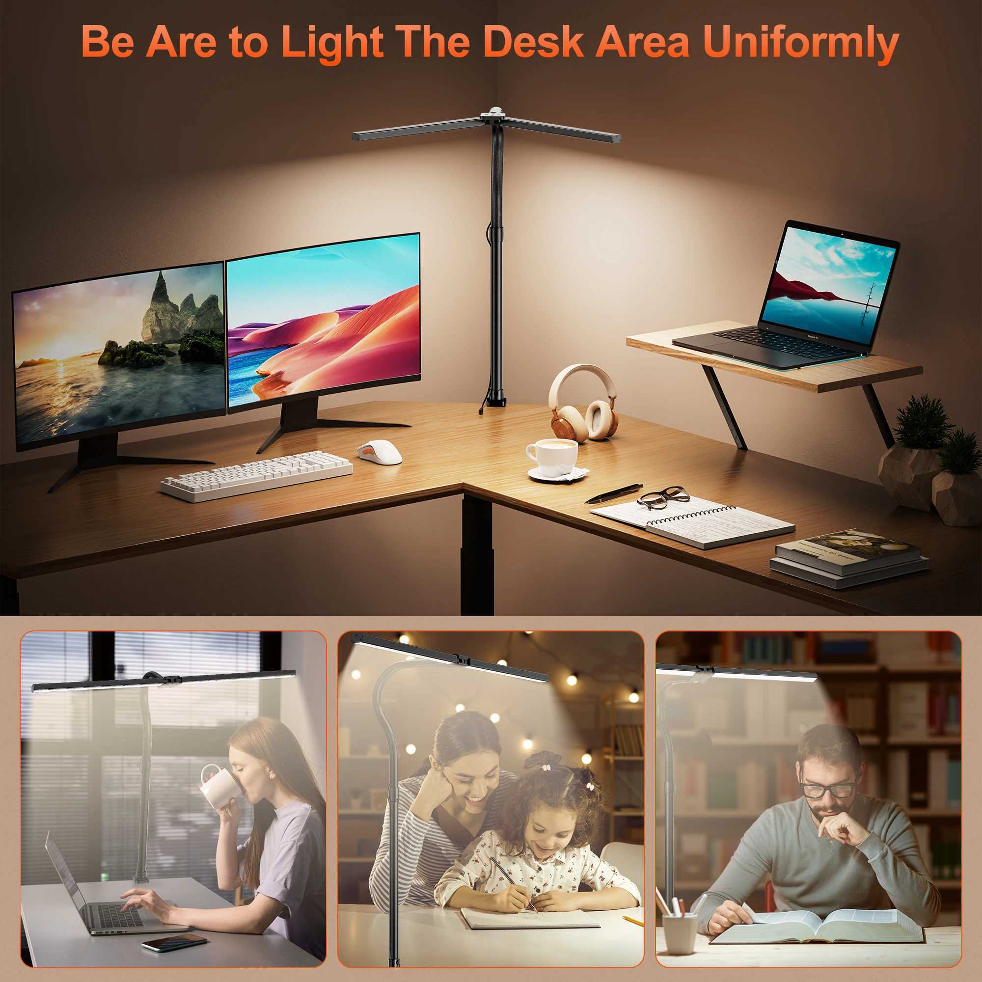 24W Desk Reading Light with Clamp Remote Control Double Head Gooseneck Lamp with 5 Dimmable and 5 Color Modes for Office Work C251115
