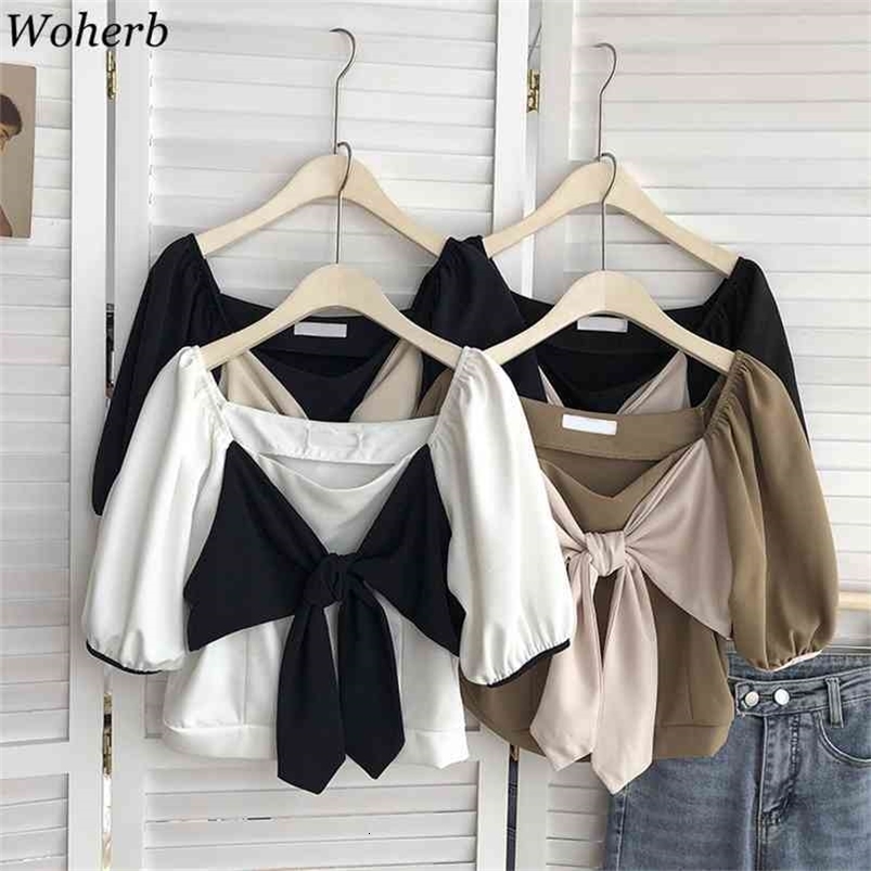 Sweet Bow Bandage Shirt Korean Women Square Collar Blouse Summer Puff Sleeve Crop Top Fashion Short Blusas Mujer 210519