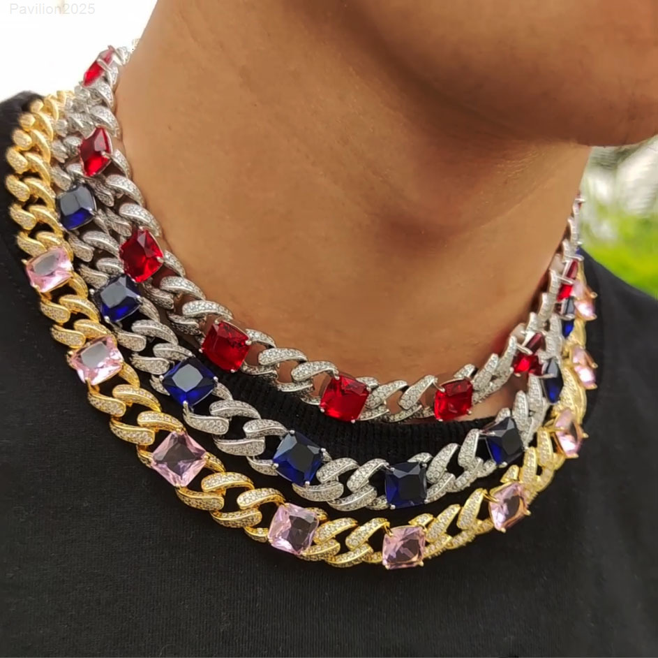 trend Colorful Gemstone Womens Diamond Cuban Necklace Iced Out Gemstone Charm Choker Necklace