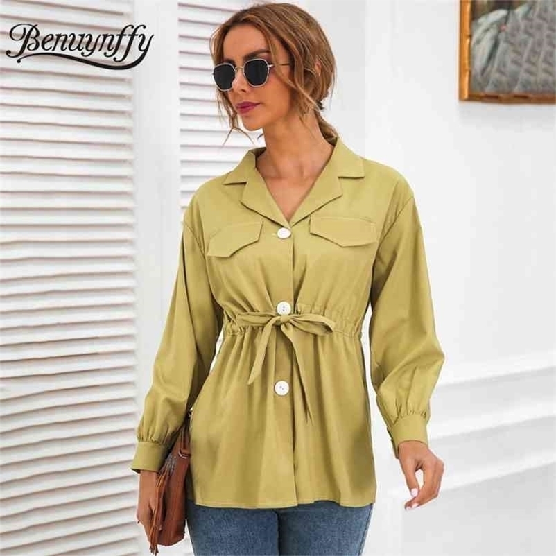 Notched Neck Bow Tie Waist Button Women Shirts Spring Long Sleeve Office Ladies Solid Casual Tops And Blouses 210510