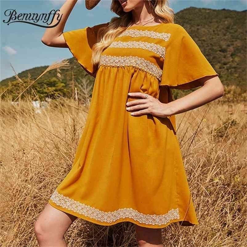 Round Neck Solid Lace Patchwork Loose Dresses Summer Short Sleeve Korean Casual Women Clothing Fashion Mini Dress 210510