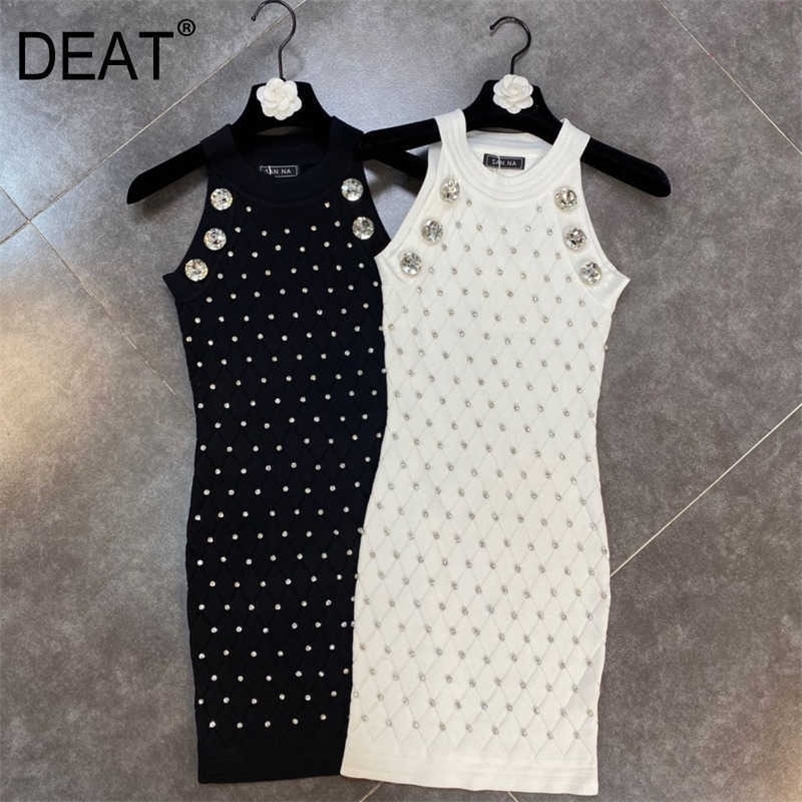 DEAT Summer Arrivals Sleeveless Double Breasted Diamonds Buttons High Waist Slim Shhort Mini Knitted Dress HR447 210709