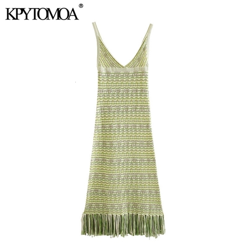 Women Chic Fashion With Tassel Knitted Midi Dress Backless Fringed Hem Straps Female Dresses Vestidos 210420