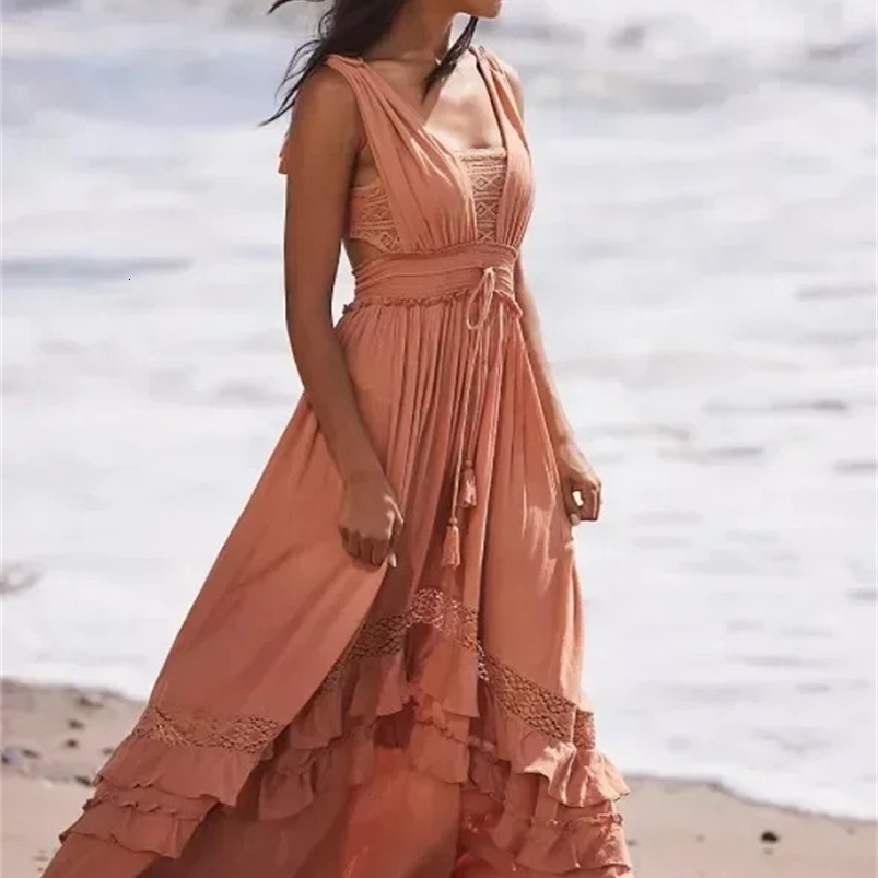 canwedance Summer Beach Dress Sleeveless Cotton Maxi Dresses Boho Style Solid Color Lace Ruffled Sundress Women Dresses 250117