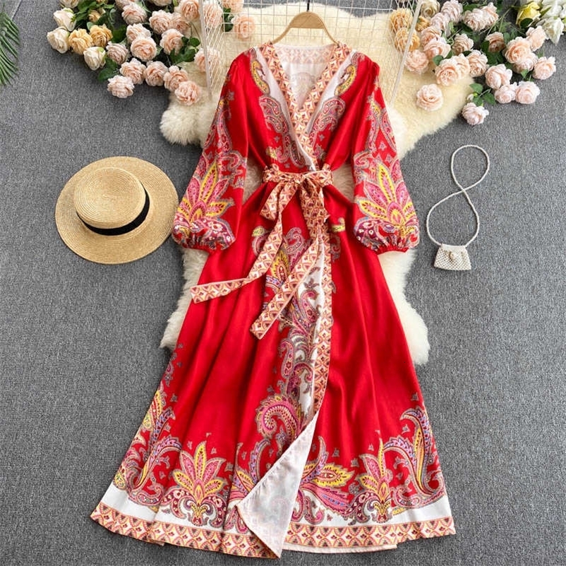 DEAT Women Printing Belt Dress V- Neck Long Puff Sleeve Arrivals Lady Temperament Fashion Spring Summer 11D554 210709