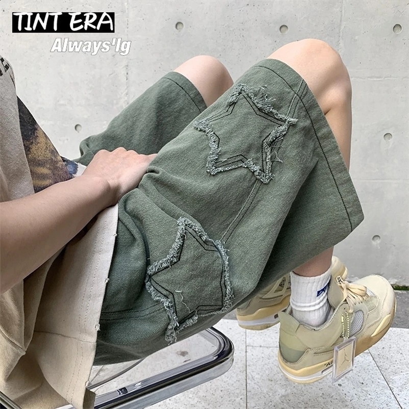 TINT ERA Y2K Mens Streetwear Breeches Star Korean Harajuku Pocket Denim Hip Hop Cargo Short Pants Grunge Bermudas Jeans Shorts 240717