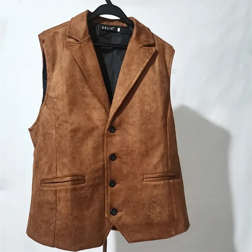 Vest Men Casual Waistcoat Man Faux leather fashion leather Slim vest lapel classical Vintage gilet European style male 240704