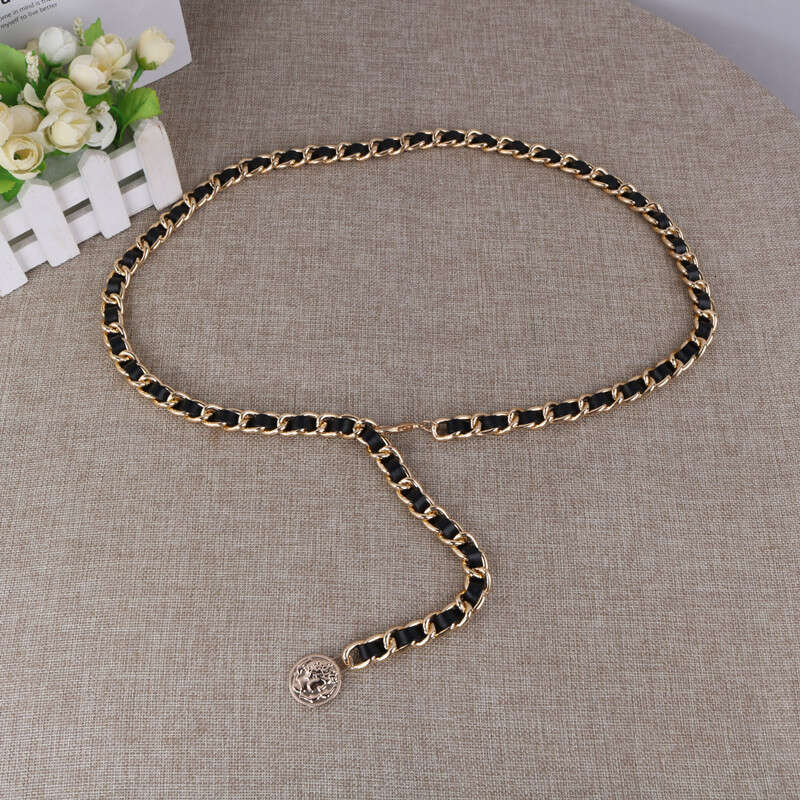 French Style Chain Women, Fashionable Leather Patchwork Metal Belt Accessory Dresses, Waist Cincher for Women