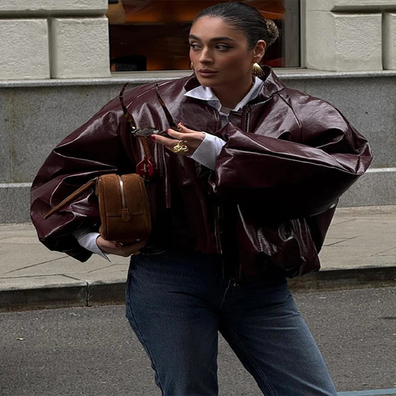 Vintage Burgundy Leather Bomber Jacket Women Chic Lantern Sleeves Zippers Crop PU Female Coat 2025 Loose Ladies Streetwear 250122