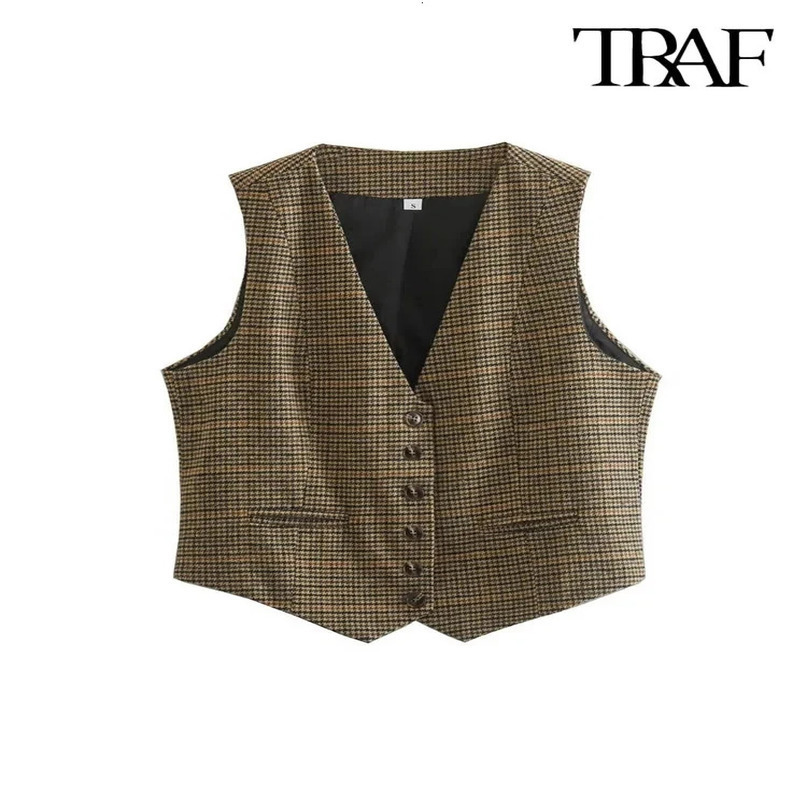 TRAFWomens Front Button Houndstooth Waistcoat V Neck Sleeveless Vest Female Outerwear Chic Tops Fashion 240523